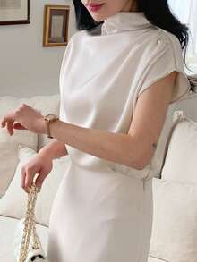 DAZY Women's Loose Fit High Neck Satin Blouse - Apricot - View 4