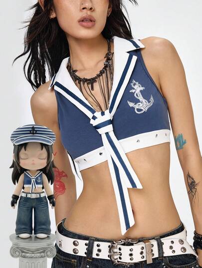 ROMWE Grunge Punk Spring/SummergraphicNavy Style Nautical Punk Halter Crop Top