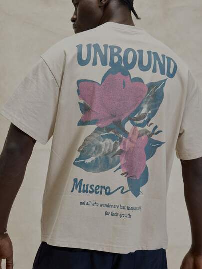  短袖落肩宽松圆领“UNBOUND MUSERO”印花T恤，春夏必备单品