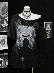 Sunspun Áo thun nữ cỡ lớn phong cách Punk, thời trang đường phố, in hình cánh chim, kiểu dáng tối giản, thoải mái. - màu đen - Xem 1