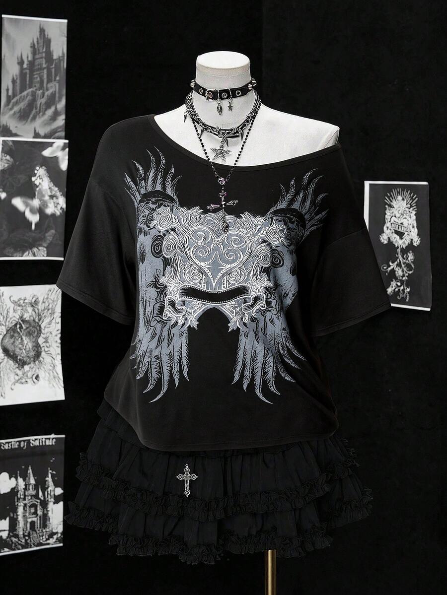 Sunspun Áo thun nữ cỡ lớn phong cách Punk, thời trang đường phố, in hình cánh chim, kiểu dáng tối giản, thoải mái. - màu đen - Xem 1