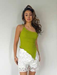 RebeccaVibe 女士夏季度假米色针织提花纹理单肩修身下摆开衩抽绳褶饰吊带背心，适合派对、约会、情人节、复活节、狂欢节、下午茶、海滩、游轮、城市度假 - 綠色 - 查看 3