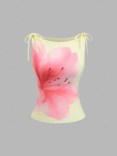 Sweetra Top ajustado con cuello redondo, estampado floral de huevo amarillo y lazos en los hombros en forma de mariposa para mujeres, elegante, lindo, romántico, versátil para vacaciones, playa y uso diario en primavera/verano