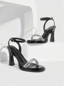 CUCCOO SZL Women's Rhinestone Decor Buckle Design Fashionable High Heels, Versatile For Daily Wear Summer - Black - View 7