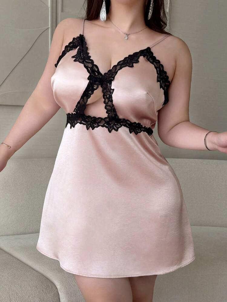 Dazy Plus Plus Size Contrast Color Lace Patchwork Hollow Out Elegant Camisole Nightgown