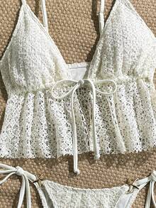 Elavelle 女士春夏提花面料吊带系带金属装饰吊带比基尼上衣 - 米色 - 查看 4