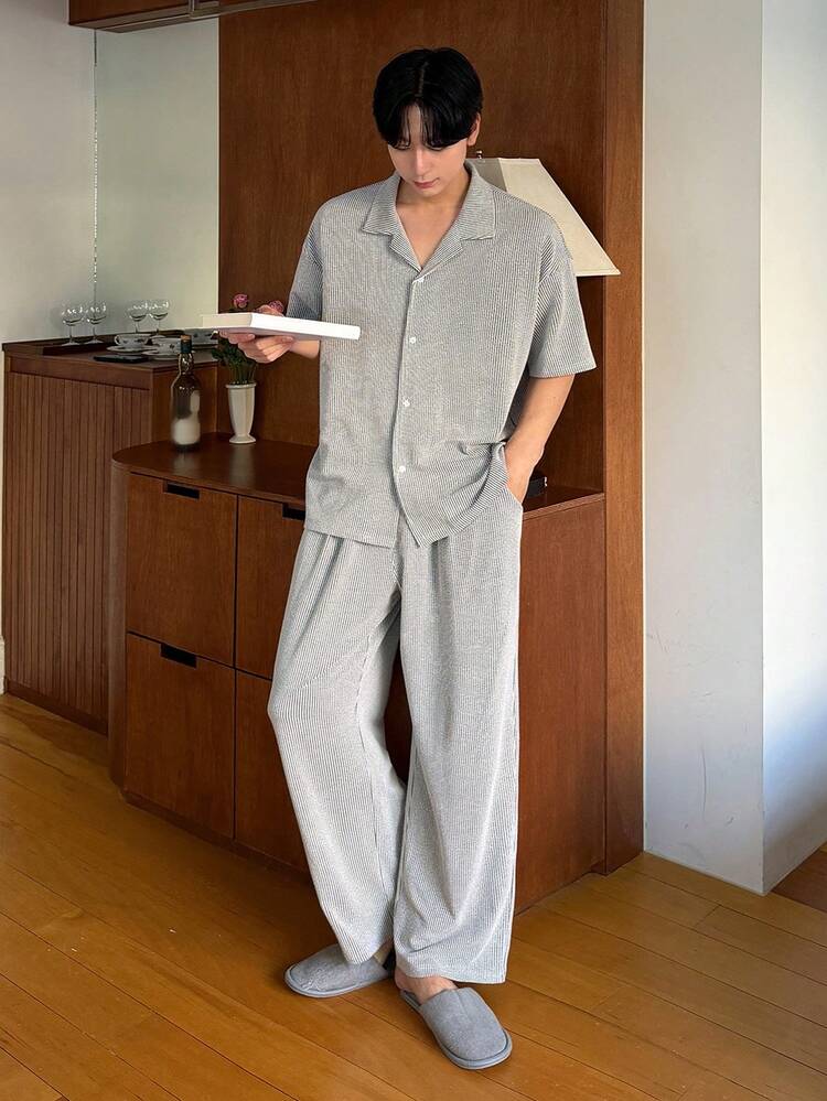 Men's Striped Shirt And Loungewear Set, Spring/Summer