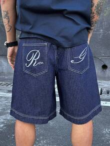 DAZY Quần short denim nam mùa hè, thêu chữ, màu gốc đã giặt. - Màu xanh lam - Xem 1