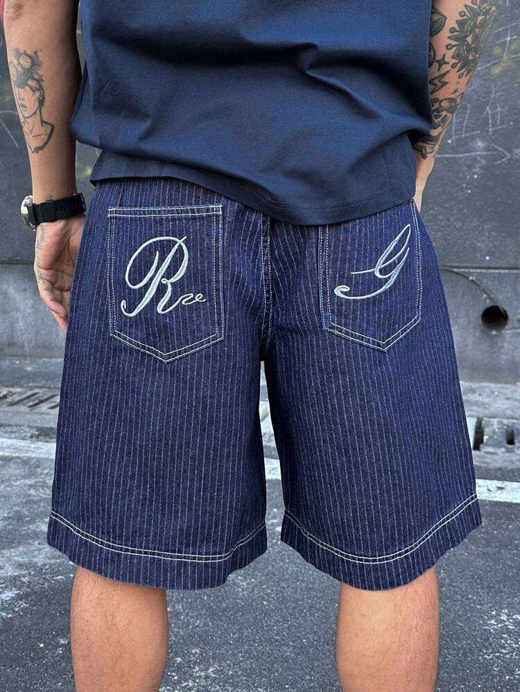 Quần short denim nam mùa hè, thêu chữ, màu gốc đã giặt. - Màu xanh lam - Xem 1
