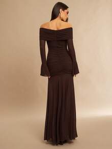 Silquee 女士露肩褶皱修身透视喇叭袖连衣裙，深紫色/深酒红色，适合情人节、圣诞节、约会之夜、派对、婚礼、鸡尾酒会、舞台表演等场合 - 咖啡棕 - 查看 2