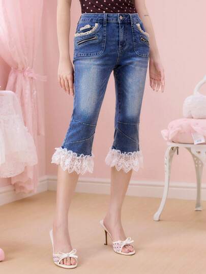 ROMWE Avant Jeans de talle súper bajo de 7/8 de longitud con decoración de cinturón de cintura de encaje vintage de contraste para mujer