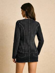 Siren Gaze Women's Round Neck Long Sleeve Fashion Front Button Denim Blouse - Black - View 2