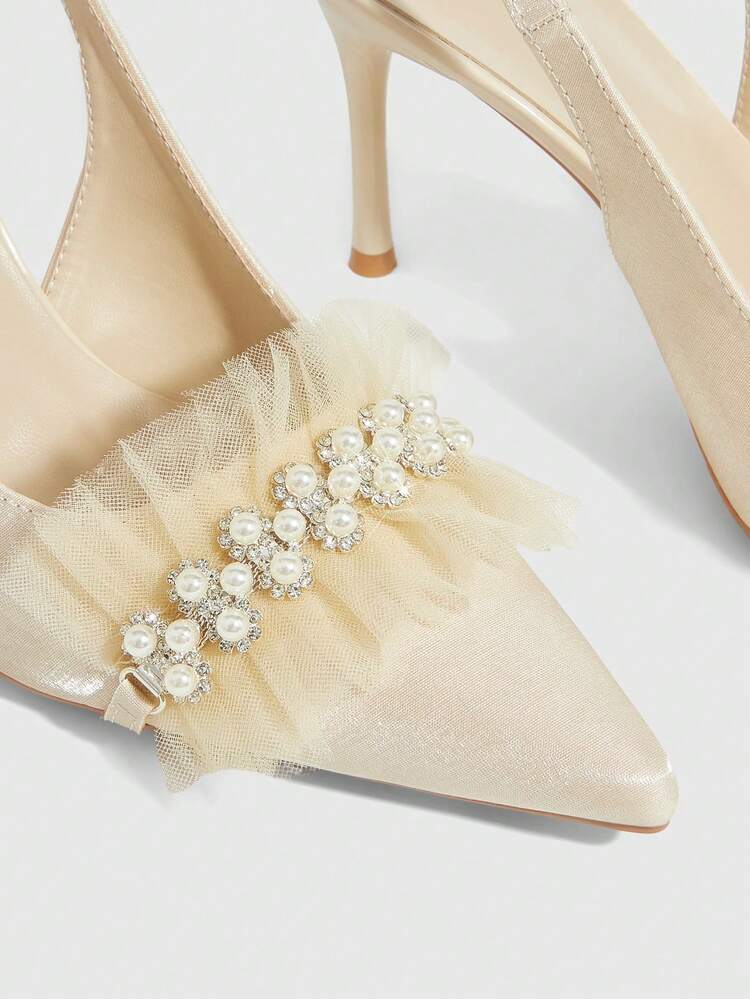 CUCCOO HITCHD Pointed Toe Stiletto Heels Apricot Faux Pearl Chain Mesh Lace Backstrap Women's High Heel Pumps, Wedding, Party, Evening Wear Wedding Shoes Spring Shoes Bride Shoes