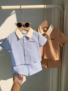 SHEIN 4件套男婴春夏休闲可爱条纹拼接短袖上衣和松紧腰短裤四件套，春夏男婴服装 - 彩色 - 查看 8