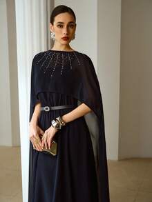 ZEYLAH 优雅水钻装饰斗篷式连衣裙，女士款 - 藏蓝色 - 查看 5