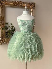Lovelzi Elegant & Luxurious Wine Red Sequin Embroidery Mesh Puff A-Line Ballgown - Green - View 4