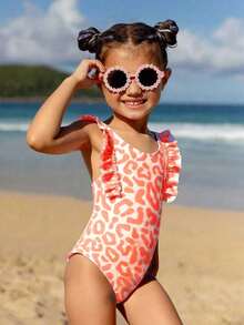 SHEIN Bộ đồ bơi liền thân họa tiết hoa nhiệt đới dễ thương cho bé gái, màu hồng nhuộm tie-dye, đồ bơi, trang phục đi biển. - trái cam - Xem 4