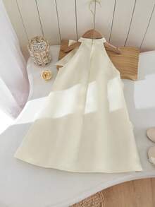 Young Girl's Stand Collar Mesh Floral Casual Loose Halter Dress - Apricot - View 7