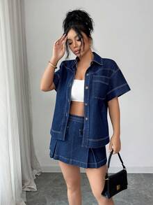 Elenzga 女士宽松短款牛仔外套 - 深色水洗藍 - 查看 6