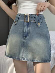 DAZY 女士休闲水洗腰带牛仔A字裙，春夏款 - 中等水洗藍 - 查看 1