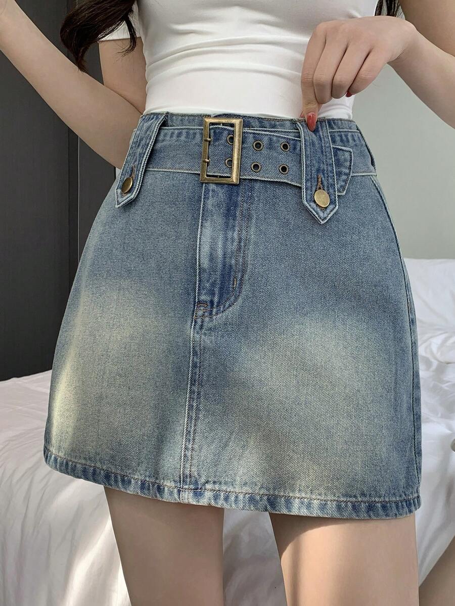 DAZY 女士休闲水洗腰带牛仔A字裙，春夏款 - 中等水洗藍 - 查看 1