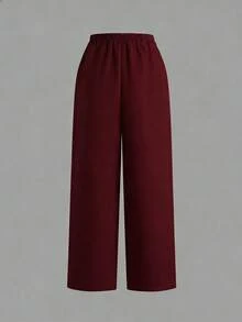 SHEIN Clasi 白色飘逸修身休闲直筒九分裤 - 紅色 - 查看 2