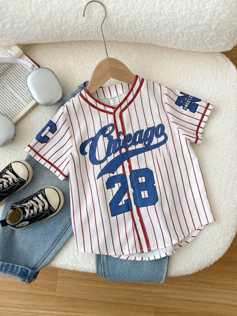 Young Boy Woven Round Neck Striped Letter & Number Graphic Casual Shirt, Toddler Boy Jersey Baseball Shirt Toddler Baseball Shirt Boy Baseball Jersey Boy Baseball Shirt - Multicolor - View 1