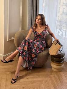 SHEIN PariChic Đầm maxi ôm dáng cổ chữ V tay bồng họa tiết hoa nhí mới dành cho nữ, lãng mạn và thanh lịch, thích hợp cho mùa xuân/hè. - Nhiều màu - Xem 3