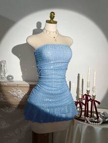 Elamini Women's Solid Color Sequin Ruffle Hem Fashionable Strapless Dress - Blue - View 4