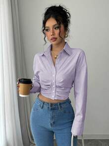 Selianne 女士休闲条纹短款褶皱长袖衬衫，春季 - 紫色 - 查看 3