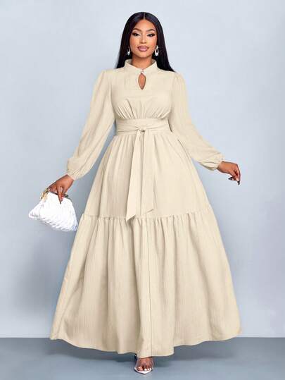 SOLERSUN 大码女装纯色宽松休闲立领前开衩水滴扣高端设计长袖腰带修身A字长裙，优雅舒适休闲时尚通勤气质连衣裙，新款，日常穿着，新年、秋季、冬季、约会、圣诞节，女装