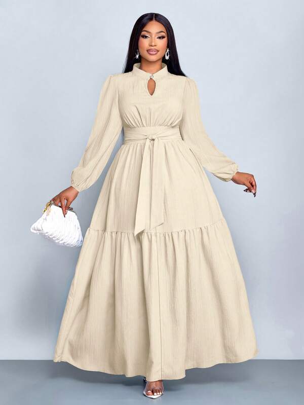 SOLERSUN 大码女装纯色宽松休闲立领前开衩水滴扣高端设计长袖腰带修身A字长裙，优雅舒适休闲时尚通勤气质连衣裙，新款，日常穿着，新年、秋季、冬季、约会、圣诞节，女装