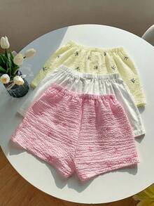 Comfortcana 3pcs Women Elastic Waist Button Design Casual Loose Shorts Set - Multicolor - View 2