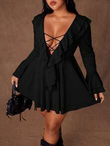 Rustia Sexy Ruffle Tie Strap Bodycon Mini Dress, Unique Design, Slimming Fit, Long Sleeve, Vacation Style - Black - View 8