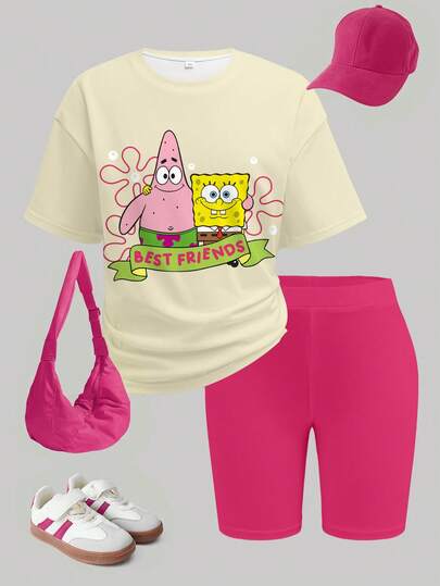 SpongeBob SquarePants | SHEIN Tween Girl Cartoon Print Round Neck Short Sleeve T-Shirt And Solid Color Biker Shorts 2-Pieces Set