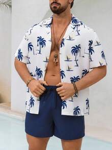 Manfinity KASUA Bộ đồ đi biển cỡ lớn dành cho nam giới, gồm áo sơ mi ngắn tay và quần short in hình cây cọ. - Màu xanh hải quân - Xem 4