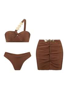 Swim SXY Bộ 3 món màu trơn phối kim loại, áo quây bất đối xứng, quần cạp cao và chân váy xếp ly, đồ bơi gợi cảm cho nữ, thích hợp cho mùa xuân/hè. - Cà phê nâu - Xem 2