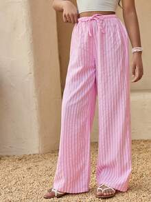 Tween Girls' Casual Striped Textured Pink Pants, Suitable For School, Daily Wear And Vacation - Pink - View 4