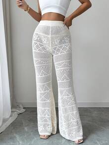 SHEIN Elenzya Women's Elegant Hollow Out Flared Knit Pants - Beige - View 6