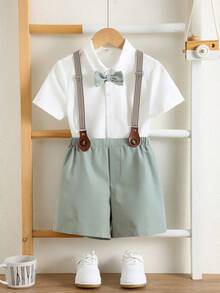 SHEIN 两件套男童优雅领结、白色短袖衬衫和绿色背带短裤绅士套装，适合婚礼、郊游、聚会、节日、春夏季节等场合。 - 彩色 - 查看 4