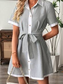 INAWLY 女士优雅条纹撞色白色领口开襟系带腰身喇叭下摆迷你连衣裙 - 灰色 - 查看 5