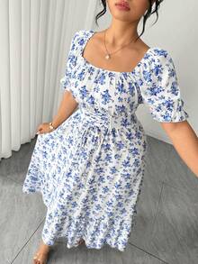 Elenzga 大码女式方领泡泡袖系腰喇叭下摆印花连衣裙，优雅户外穿着 - 藍色 - 查看 6