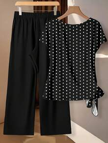 EMERY ROSE 女士波点撞色系带蝴蝶结衬衫和直筒宽松裤两件套，休闲款 - 彩色 - 查看 2