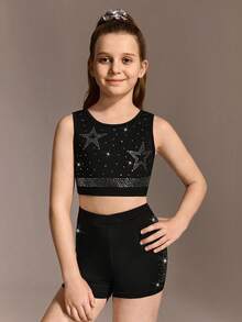 2pcs/Set Tween Girls Crew Neck Cropped Tank Top With Rhinestone Decor On Front, Criss-Cross Waist Elastic Waist Shorts With Rhinestone Decor On Side, Stretchy & Soft For Running, Cycling, Workout, Casual Wear - Black - View 3