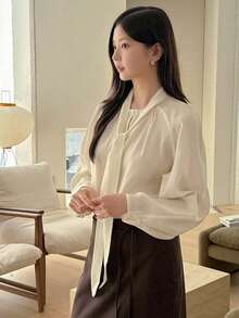 DAZY 女士喇叭袖休闲衬衫，时尚百搭修身款 - 米色 - 查看 7