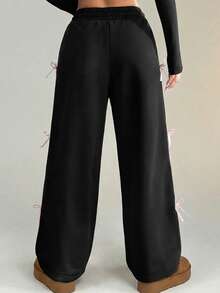 SHEIN Tween Girls Contrast Color Side Bow Baggy Straight Leg Casual Long Pants, Versatile For Daily Wear Fall Winter - Black - View 2