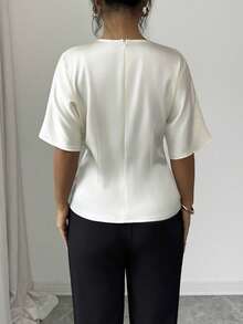 Siren Gaze Damen Einfarbige Satin Plissee Taille Design Bluse, elegantes Damen Hemd - Aprikosenfarben - Übersicht 2