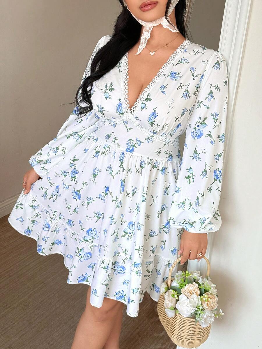 Celure 大码女式印花A字褶皱长袖蕾丝边收腰复古优雅浪漫休闲连衣裙，适合约会、派对、波西米亚风度假、海滩、春夏穿着 - 藍白色 - 查看 1