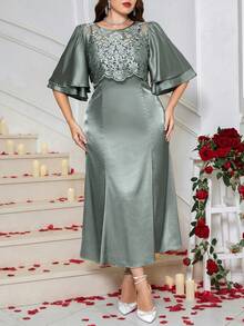 Ellevyn 大码优雅派对刺绣网纱拼接连衣裙 - 綠色 - 查看 7