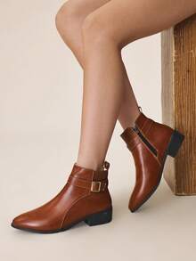 Styleloop Women's Buckle Design Casual Everyday Versatile Chunky Heel Ankle Boots - Burgundy - View 2